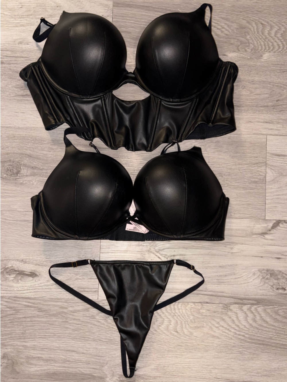 Black victories secret  Leather Set corset bra,  bra and g string bombshell